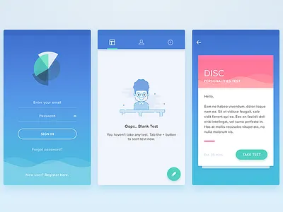 Personalities Test App android blue card disc test empty screen empty state illustration ios login mobile application personalities register