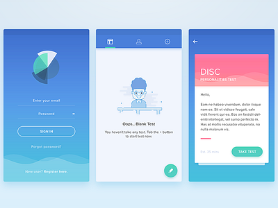Personalities Test App android blue card disc test empty screen empty state illustration ios login mobile application personalities register