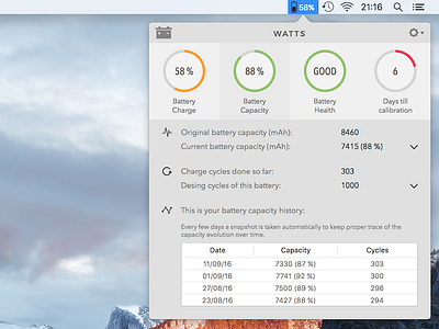 Watts 2 battery capacity tab battery calibration macbook macos osx