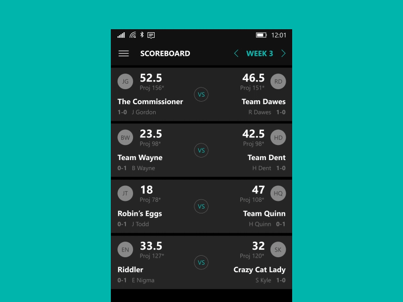 Tap and scroll animate app dark fantasy football green minimal score scoreboard scroll