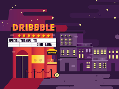 Hello Dribbble building cinema colors debut dribbble illustration popcorn theatre