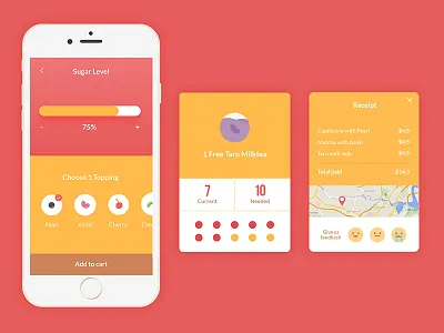 Bubble Tea Mobile App card drink ecommerce flat graph ios map mobile payment receipt ui ux