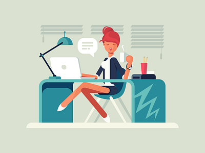 Girl at workplace character desk flat girl illustration kit8 office secretary vector woman workplace