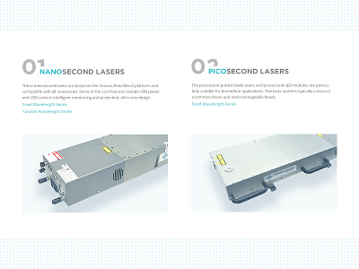 Product Page of Laser Manufacture Company clean dotted laser neon product technics ui web white