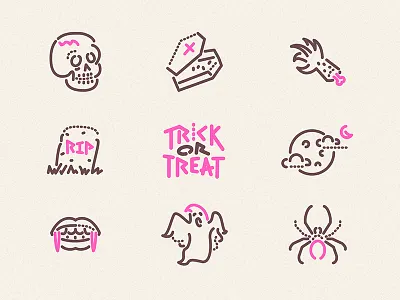 Trick or Treat icons coffin fangs fright ghost halloween icons illustration october scary skull spider vector