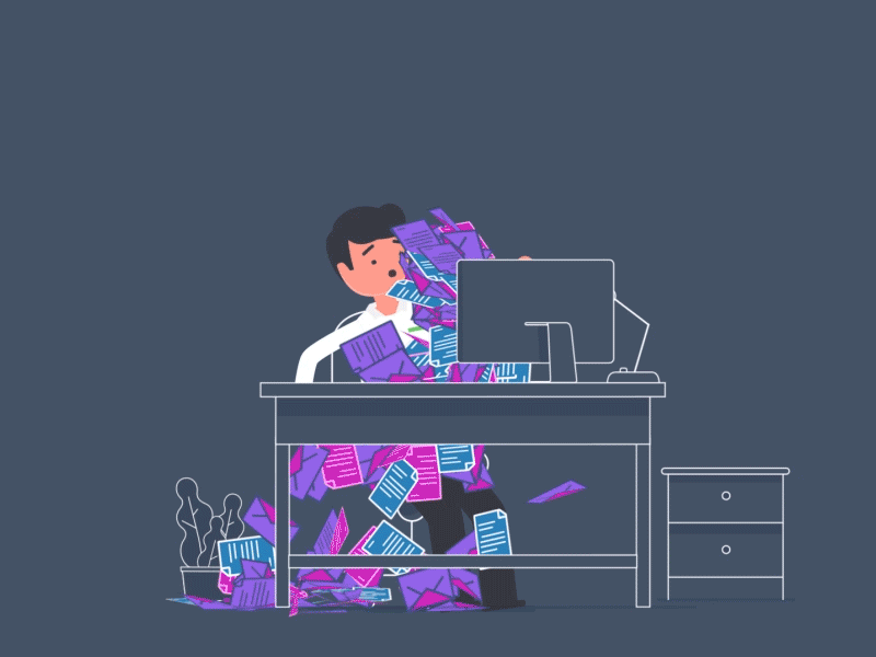 Satori gif mails :) angry animation button character desk falling loop mail man office pile sheet