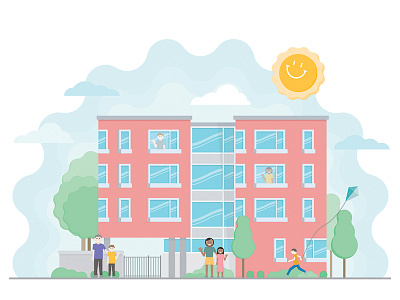 Ronald McDonald House building clouds illustration people trees vector