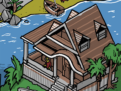 Beach House art beach boat building color drawing home house illustration isometric tree water