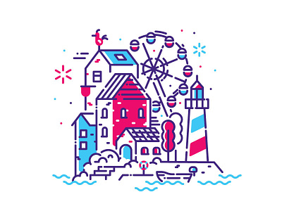 Happy little village ferris wheel fireworks fresh shizzle house illustration town