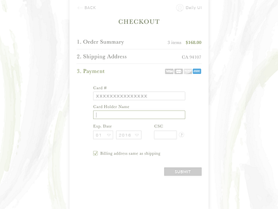 DailyUI #2 Credit Card Checkout checkout credit card dailyui e commerce watercolor web