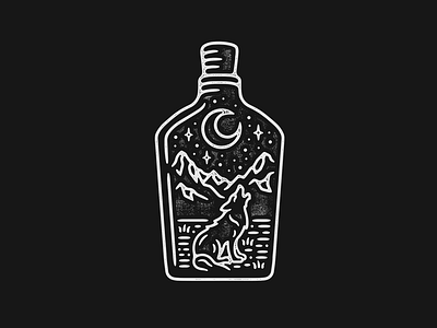 Whiskey Bottle Wolf illustration linework monoline mountains nature scenery whiskey wolf