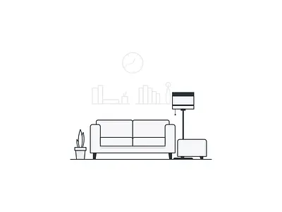Home Office No.3 book chair clock couch gray illustration lamp office plant white