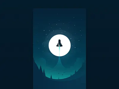 Illustration-rocket cloud fly hill illustration moon night rocket sky star tree ui