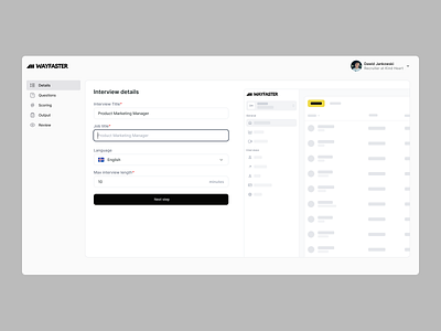 Wayfaster - Interview details ai candidate experience candidates clean design components create interview create new first interview hiring candidates hr illustration interview details onboarding product product design team create ui ui animation ux web app