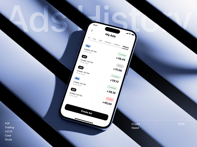 Peer-to-Peer. Ads history. app design p2p ui ux wallet