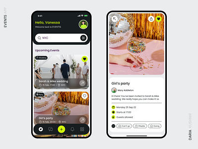 Events app app black dark design event fest green mobile occasion party ui ux