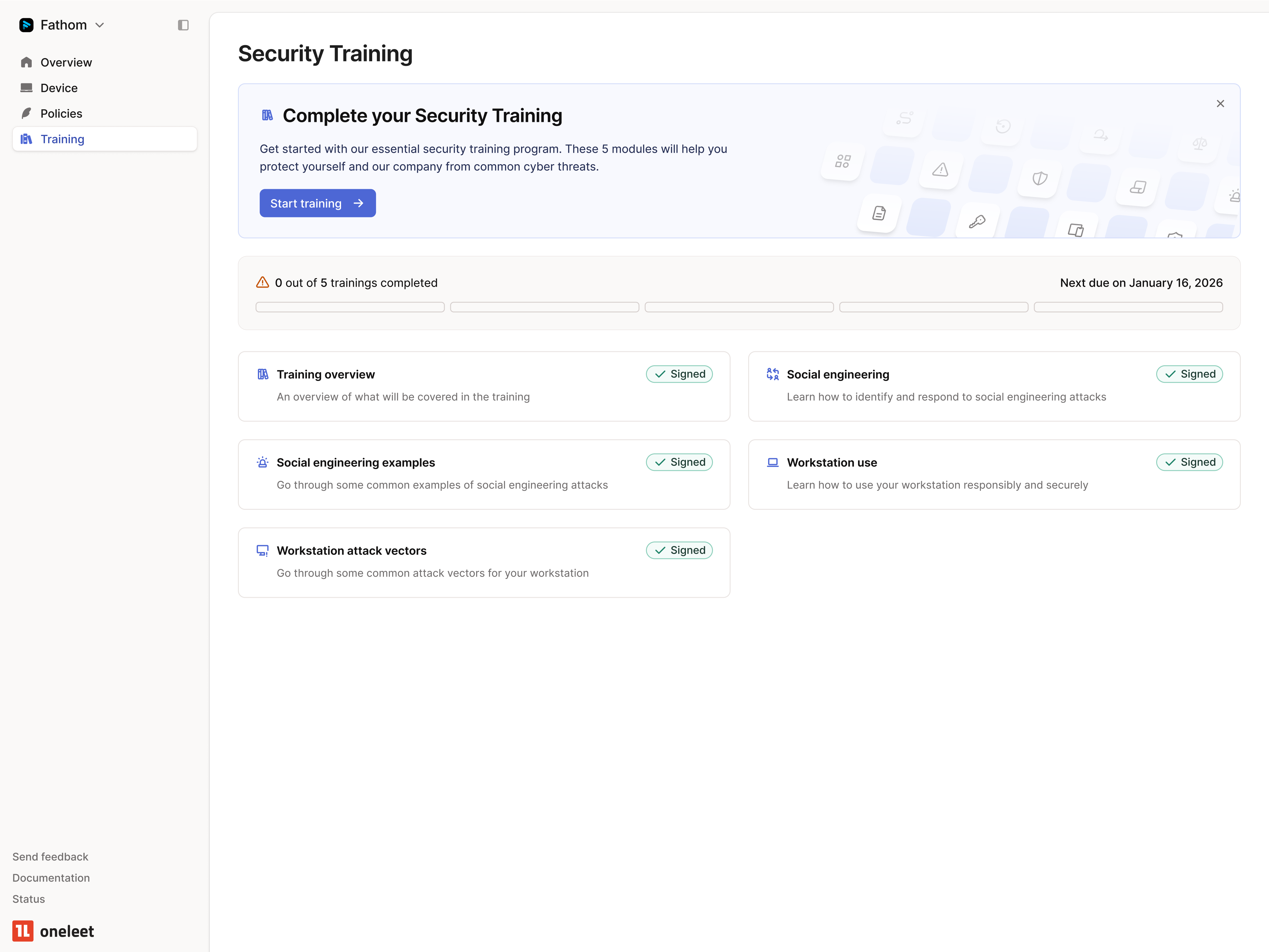 Compliance Platform - Oneleet Security Training - Initial State blue card compliance dashboard empty state figma initial state minimal oneleet product design progress bar saas security training sidebar training ui web