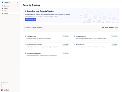 Compliance Platform - Oneleet Security Training - Initial State blue card compliance dashboard empty state figma initial state minimal oneleet product design progress bar saas security training sidebar training ui web