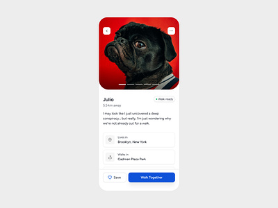 Mobile App Design: Dog-Walker Matchmaking about animal badge bio blue dog dog walker dog walking matchmaker matchmaking minimal mobile app pet primary button profile secondary button user profile