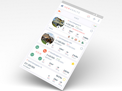 HEMAnalys Real Estete Property App Concept android list screen minimized view mobile app property real estate rent