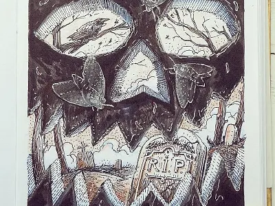 Day 12. Jack O Lantern black and white drawing etching graphic gravure illustration ink jack o lantern woodcut