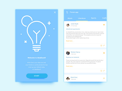 Forum App UI app feed forum illustration light bulb menu mobile onboarding posts ui kit