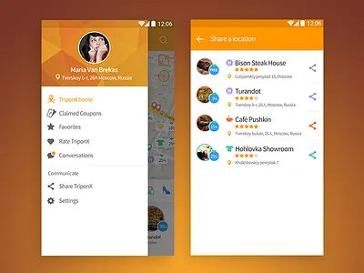 Drawer, social & location sharing material social travel ui