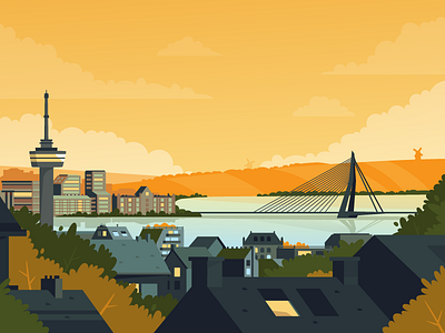 Rotterdam 2d illustration city clouds fireart fireart studio flat landscape mill rotterdam skyline trees