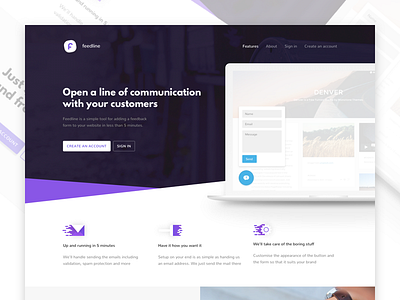 Feedline Landing Page flat landing page light purple site web web app website white