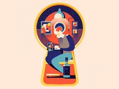 Peekture - Sad Clown alcohol clown flat illustration keyhole man pattern retro room stripes swiss vector