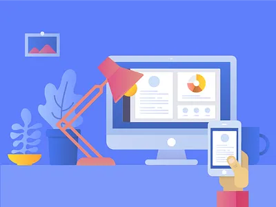 Banner 2 for online CV builder app banner cv online dashboard flowers illustration imac lamp mobile work space