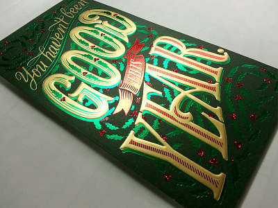 You Haven't Been Good This Year banner foil green hand lettering holly red script serif