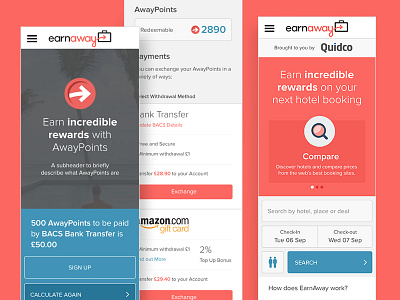 EarnAway Mobile Screens bright clean design flat interface mobile red responsive ui web white