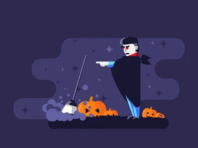 Cleaning With The Count broom cleaning dracula dust fog graphicdesign halloween illustration pumpkins scary