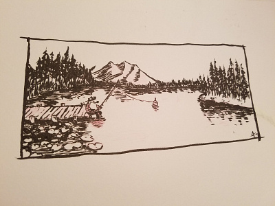 Len, fishin' axe backpack character drawing fishing illustration ink inktober lake