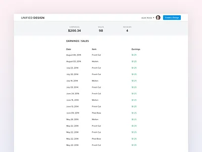 Earnings View app dashboard earnings table web