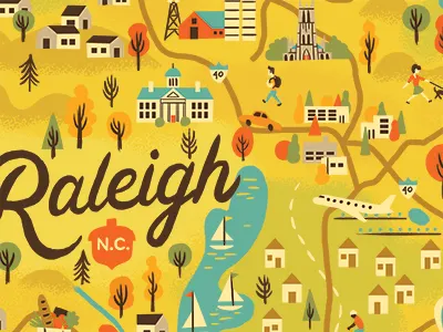 Raleigh Map Progress houses icons illustrated map lakes map north carolina raleigh sail boat trees