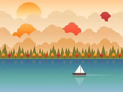 Autumn on the Lake autumn boat fall illustration lake landscape sailboat sun trees vectober