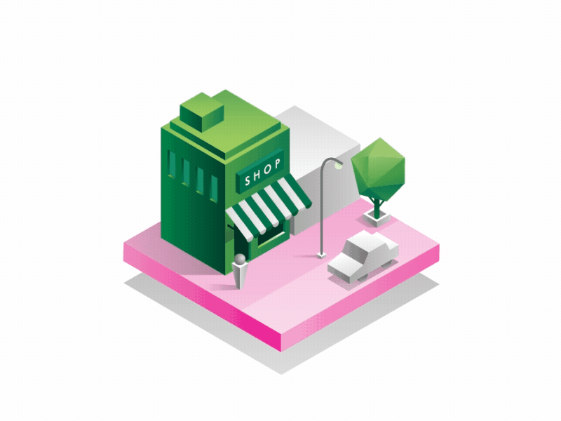 Shop animation car grow isometric market miniature motion shop tree