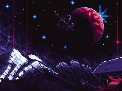 Red Line Station art artwork design mountains night pixel art pixelart pixels red space station