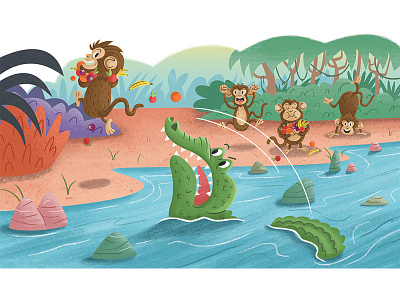 Monkey And The Crocodile- Storytime Magazine Spread 3 character design childrens illustration crocodile fable illustration kid lit magazine monkey publishing river short story storytime magazine