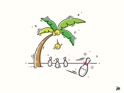 Strike! ball bowling cartoon funny illustration palmtree sport tree vector