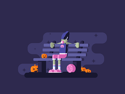 Halloween Hoops basketball bench fog frankensteins bride graphicdesign halloween illustration pumpkins scary teenager