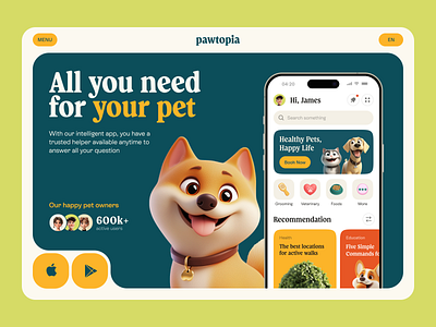 Pawtopia Landing Page 3d app branding clean design dog graphic design grooming homepage illustration landing page midjourney minimalism pet shiba inu spline ui uiux veterinary web