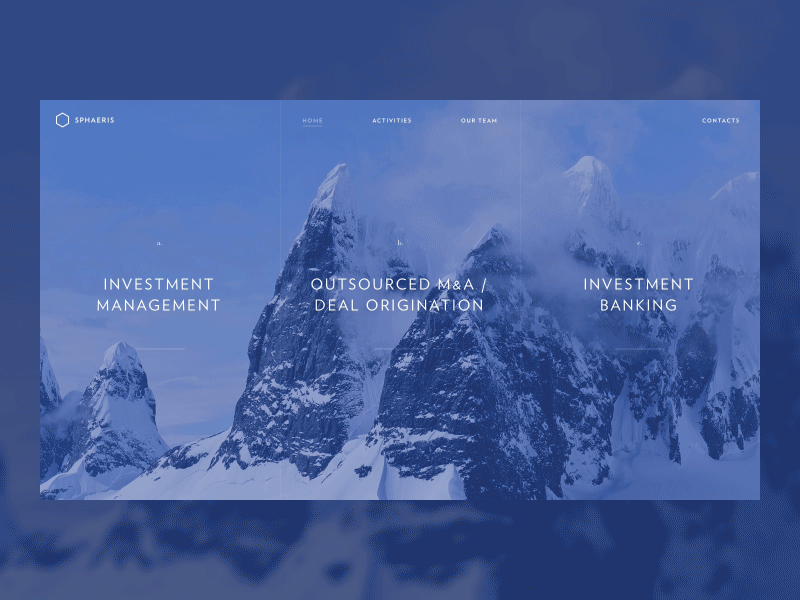 Sphaeris [WIP] banking investment management mountains split screen transition