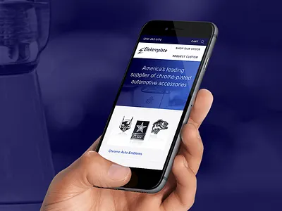 Mobile View of Elektroplate blue chrome e commerce home mobile mockup responsive ui ux