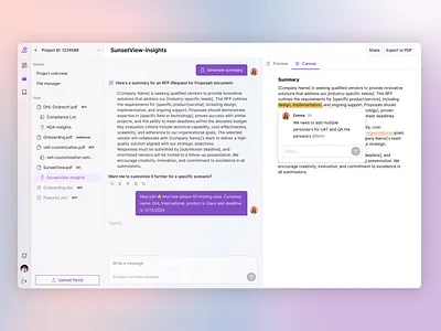 AI helper for document creation ai application artificial intelligence canvas chat chatgpt data driven document help management schadcn user experience ux web application