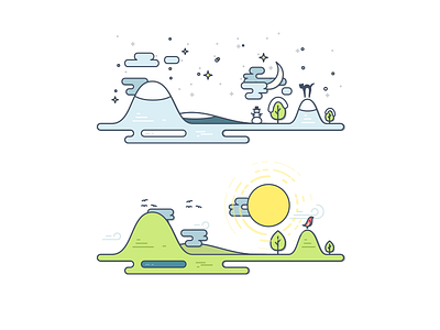 Summer And Winter animation flat illustration landscape modern simple snow summer sun vector winter