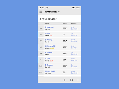 My Team app blue design espn fantasy flat football light minimal square ui windows