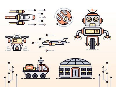 #53 clean drone flat illustration icon illustration line line art out line plane planet robot rocket